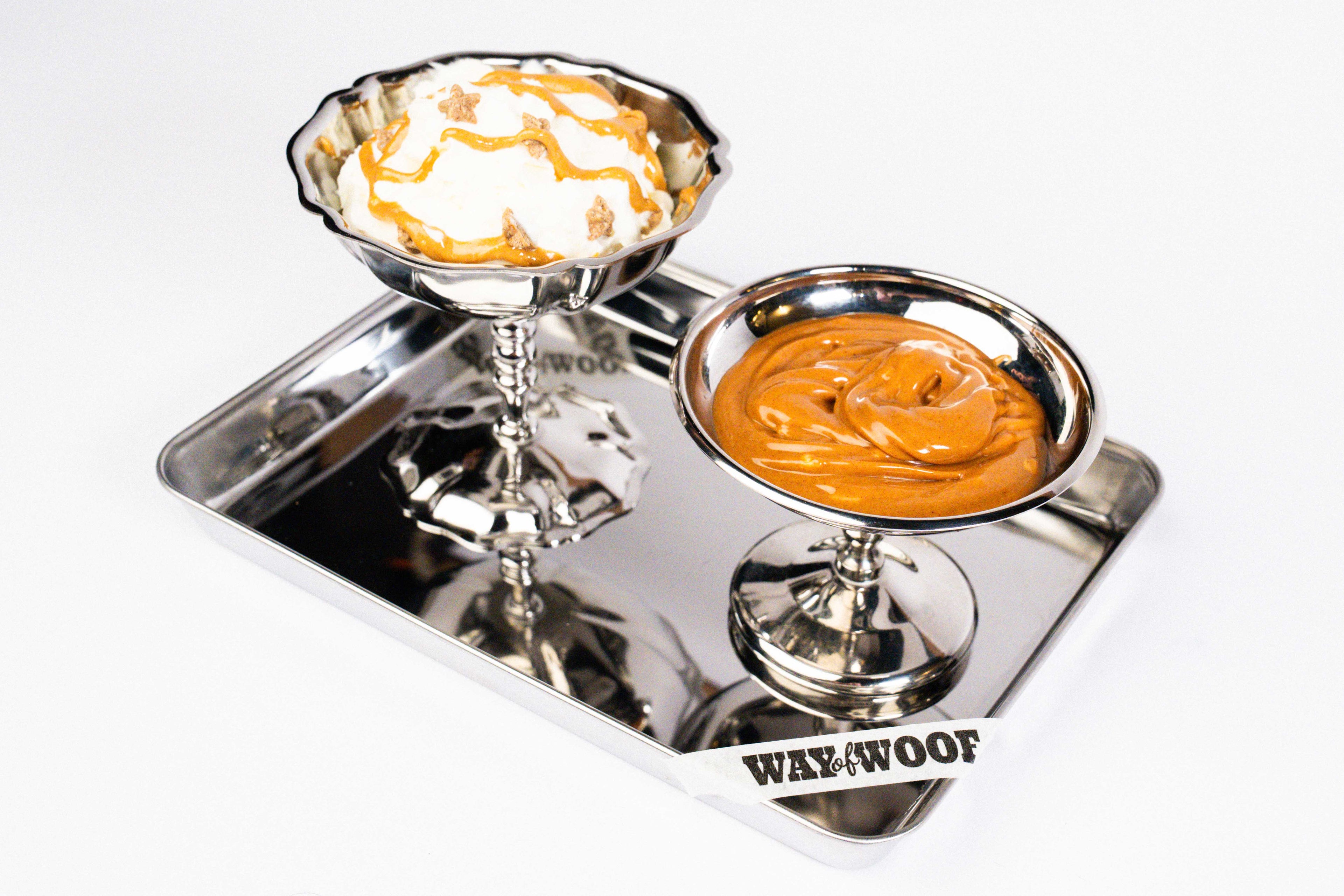 Metal tray with two bowls of food labeled 'WAY OF WOOF' on a white background
