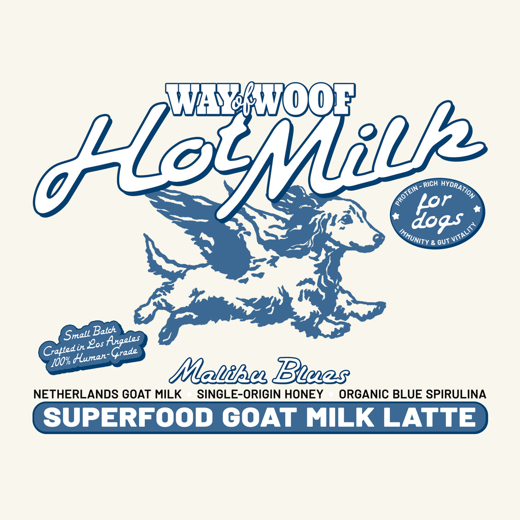 Label for Way of Woof Hot Milk Superfood Goat Milk Latte with a dog illustration on a white background.