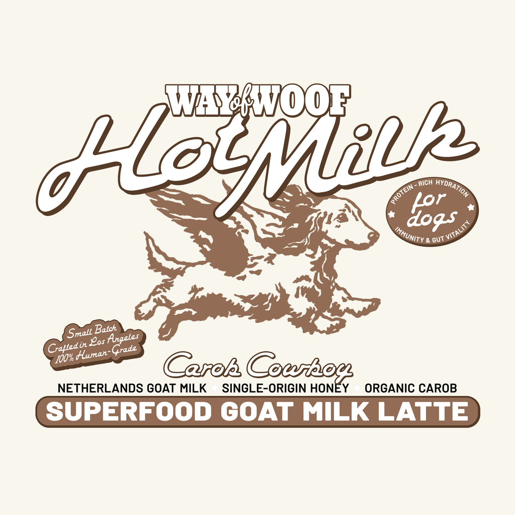 Hot Milk for dogs packaging with a dog illustration on a beige background