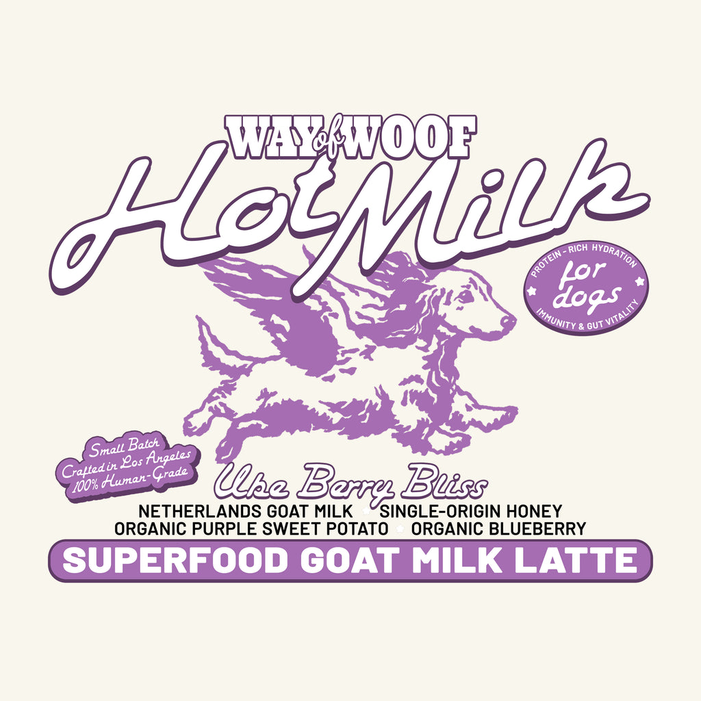 Logo for Way of Woof Hot Milk with a purple dog illustration on a white background