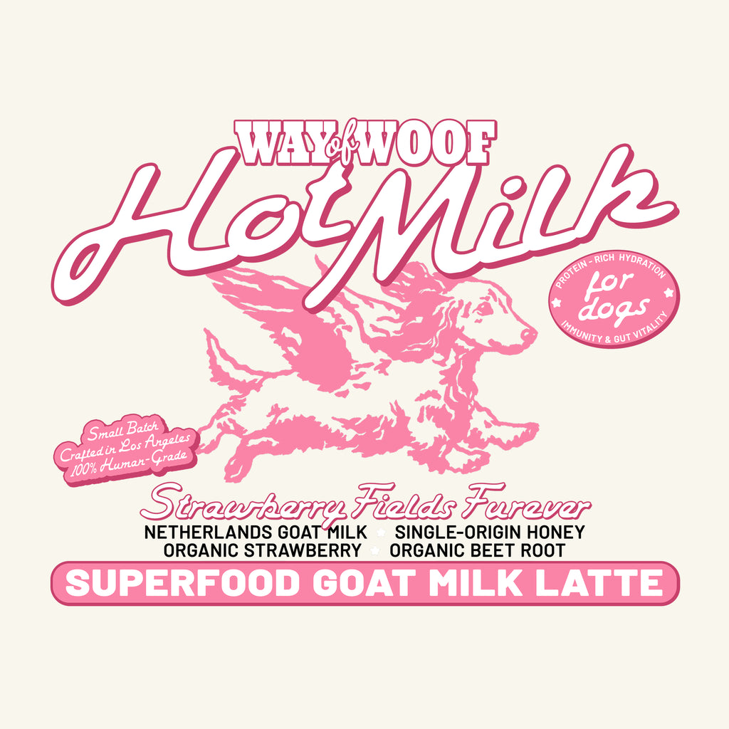 Pink and white label for Way of Woof Hot Milk with a dog illustration on a white background