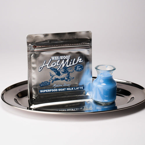 Foil bag of "Hot Milk" powder blend on a plate with a small glass bottle of the product mixed with water.