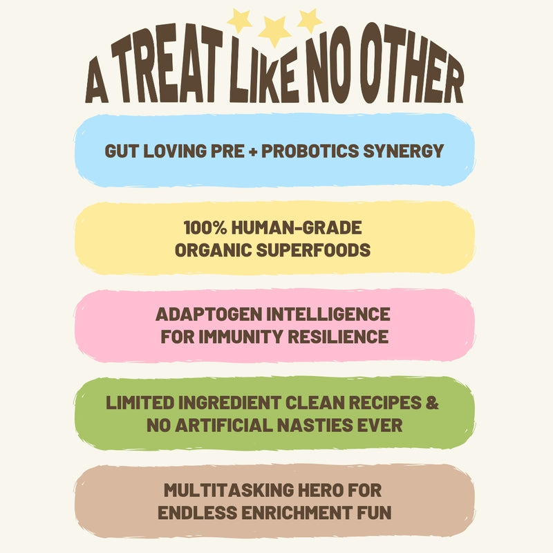 List of product features on a white background with colorful text boxes.